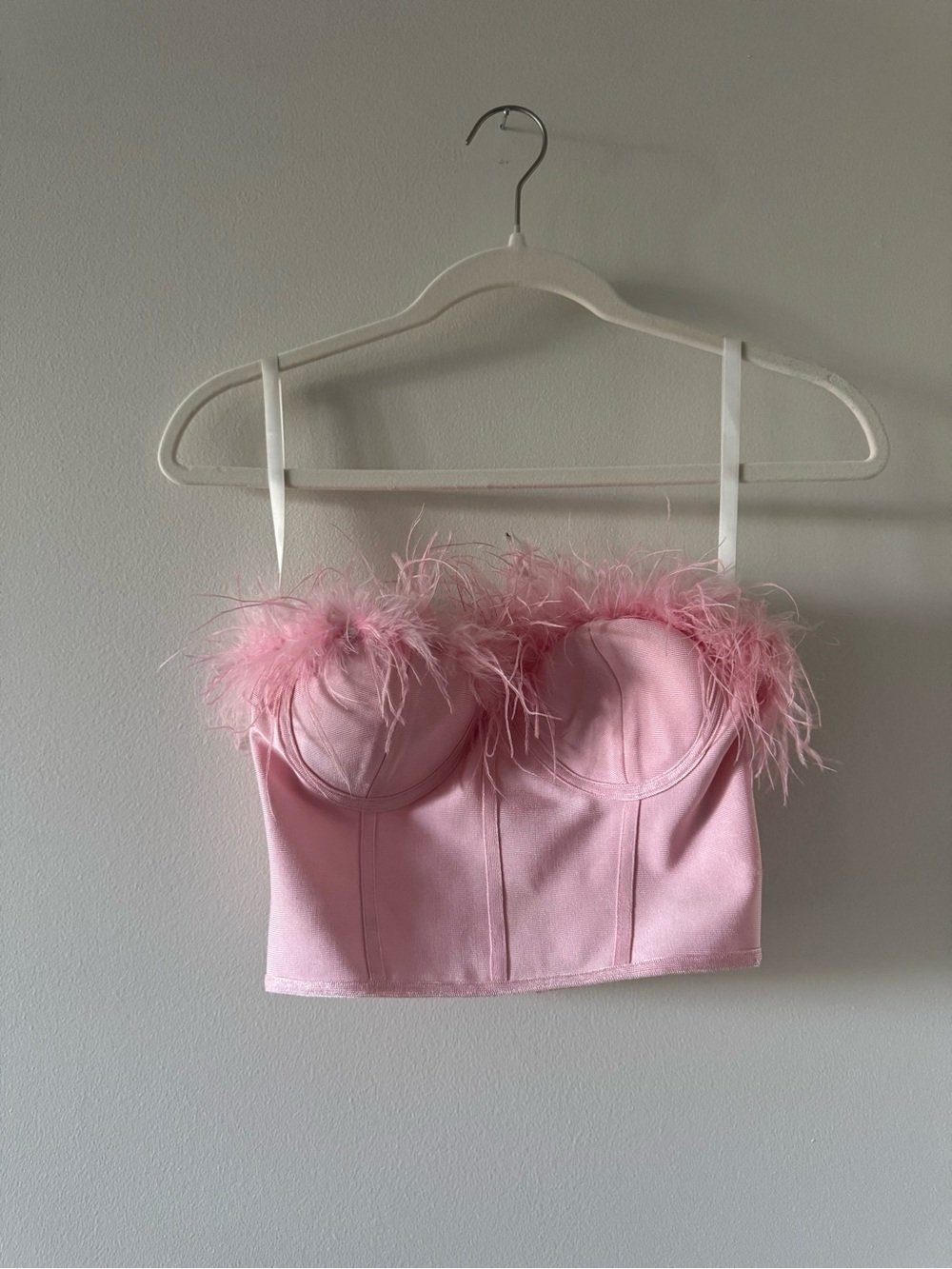 Superdown Blush Pink Feather-Trim Bustier Crop Top